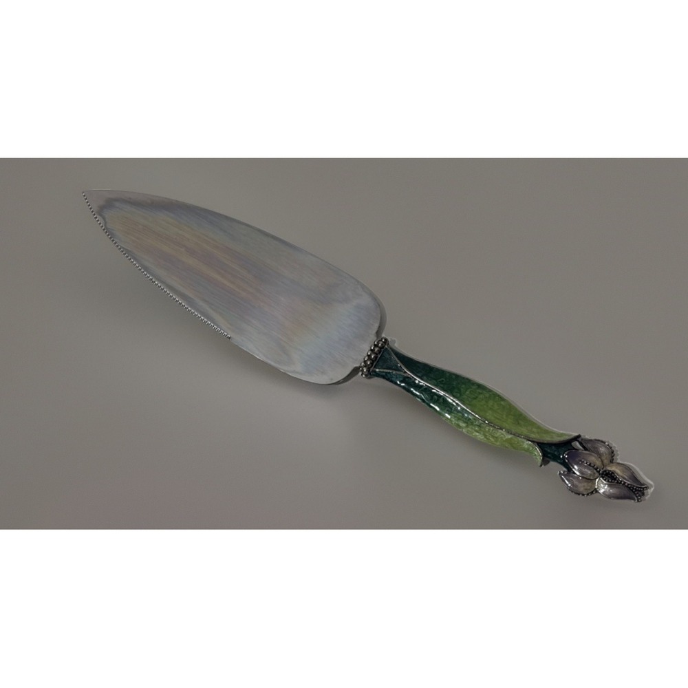 Sheffield England‎ Stainless Steel Lily Ornate Enameled Handle Cake Knife 10.5"